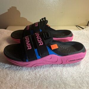 Under Armour Black and Pink Slide Sandals unisex W 7.5– M 6